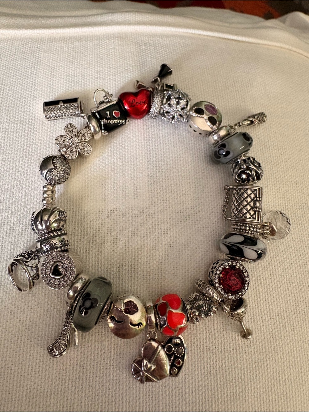 Pandora pave heart bracelet with red/black/silver charms
